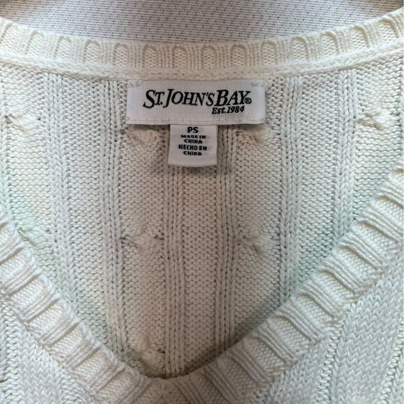 St. Johns Bay Womens Fisherman Sweater Small Petite Ivory Cable Knit Cozy - Picture 2 of 12